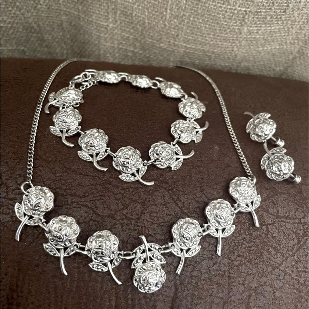 Vintage sterling silver marcasite set, necklace, bracelet and screwback …